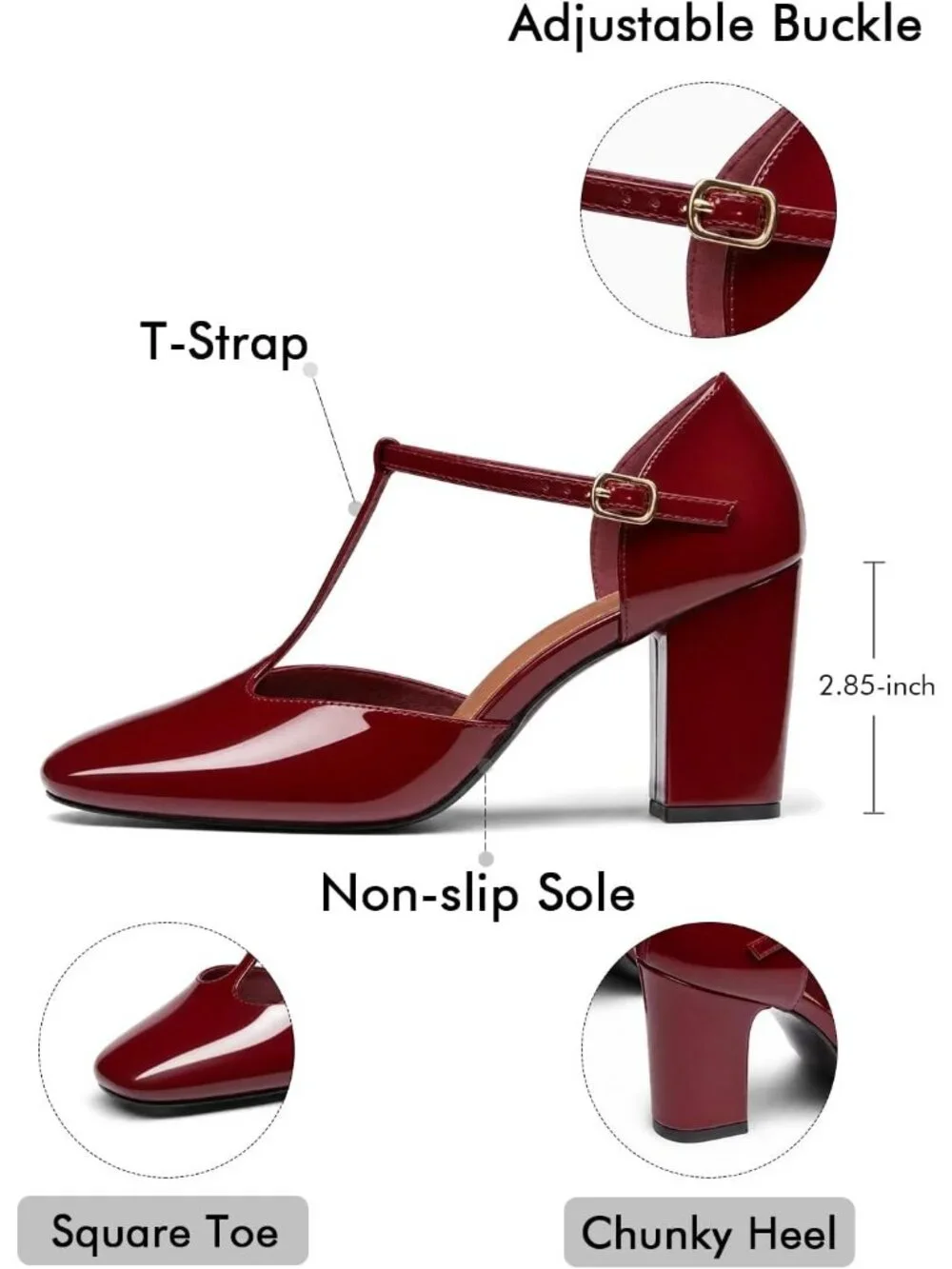 Women's Burgundy Mary Jane Chunky Heel Square Closed Toe Pumps Ankle Strap Shoes